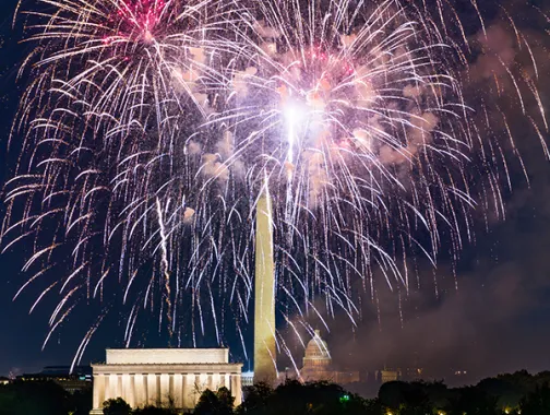 Colorful fireworks over the National Mall.